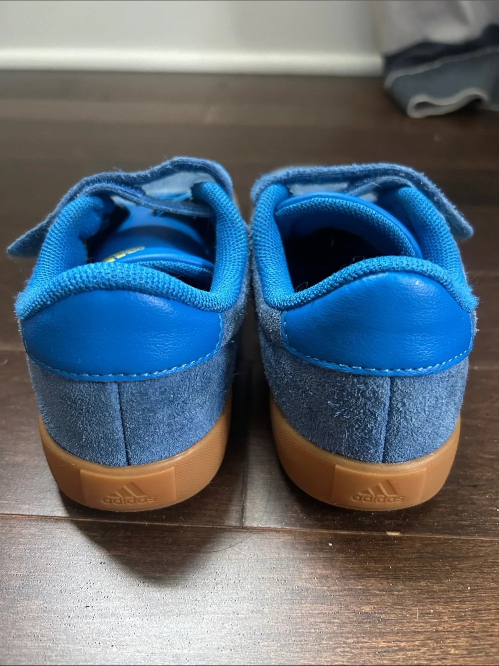 Kids adidas Blue Suede Sneakers with Yellow Stripes